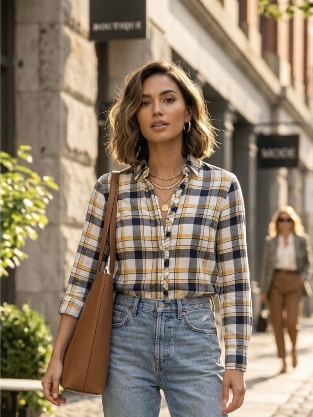 Banana Republic Yellow Navy and Cream Plaid Button-Down Shirt